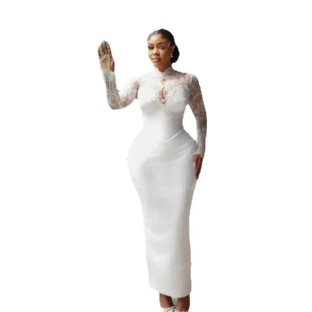 Moderne Hochzeitskleider mit hohem Kragen, Satin, Rüschen, Meerjungfrau-Stil, Teelänge, Applikationen, Brautkleider, Vestidos De Novia, individuell gestaltet