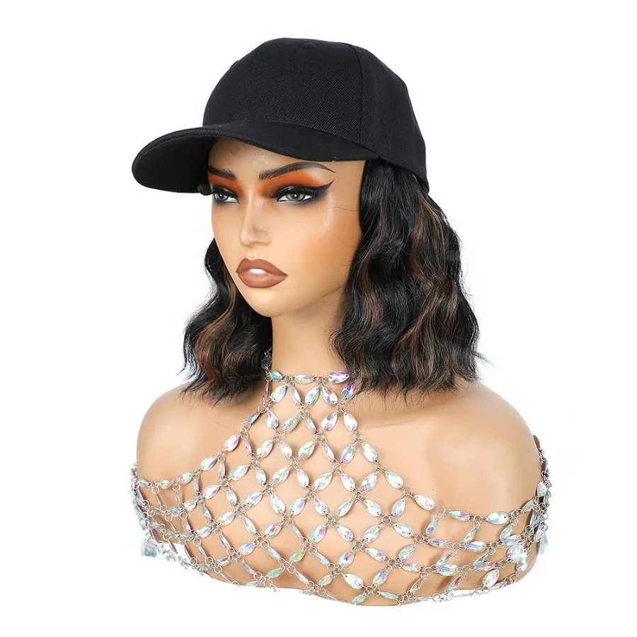 6 بوصة قصيرة موجة قبعة بيسبول الباروكات للنساء مع وصلات شعر مجعد الاصطناعية موجة شعر مستعار قابل للتعديل قبعة مع الشعر المرفقة fo