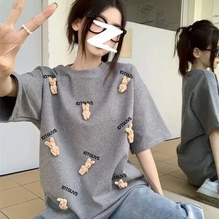 Korea Casual Chic Decoration Versatile Short-Sleeved T-Shirt Women Three-Dimensional Dolls Niche Design Loose Ins Style Top