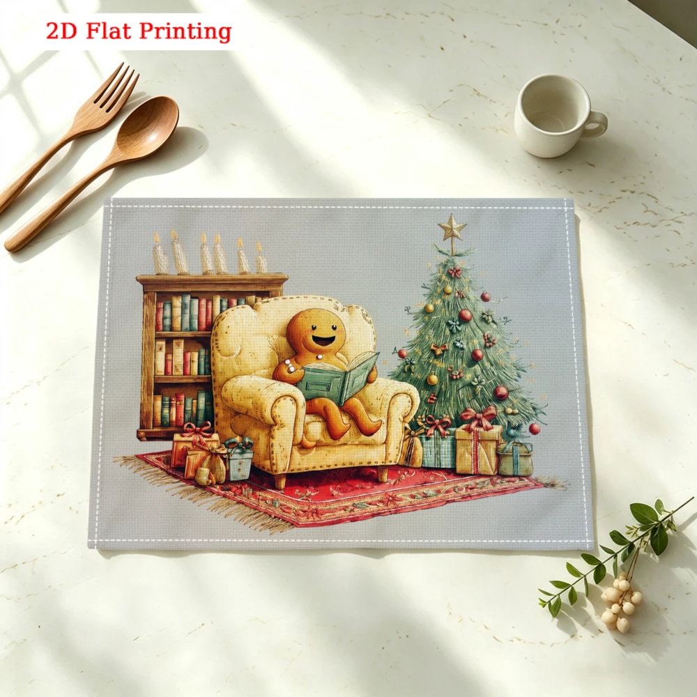 Gingerbread Man Reading Book Kitchen Placemat Coaster Linen Pad Dish Coffee Cup Table Mat 30x40cm Home Decor