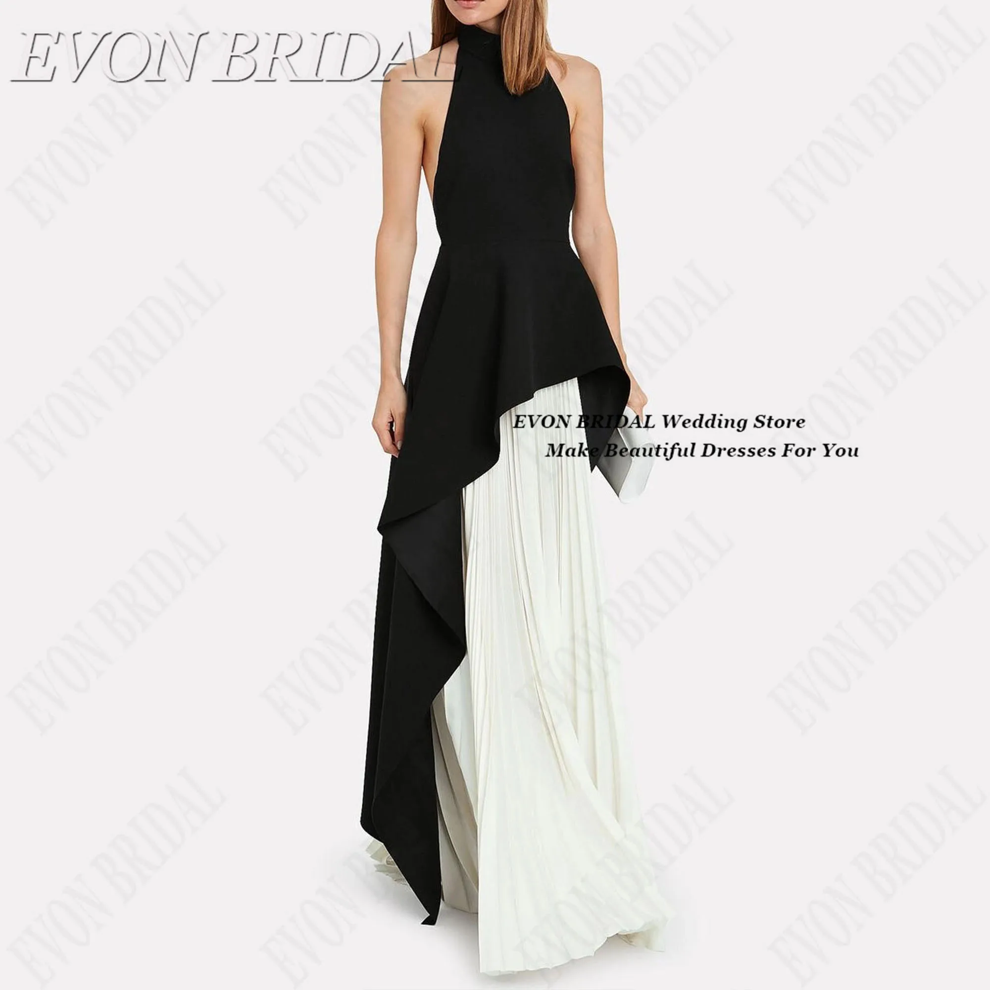

Color Block Long Evening Dresses Customized Crepe Pleated Ceremony Dress Halter Backless Classic Cocktail Prom Gowns EVON BRIDAL