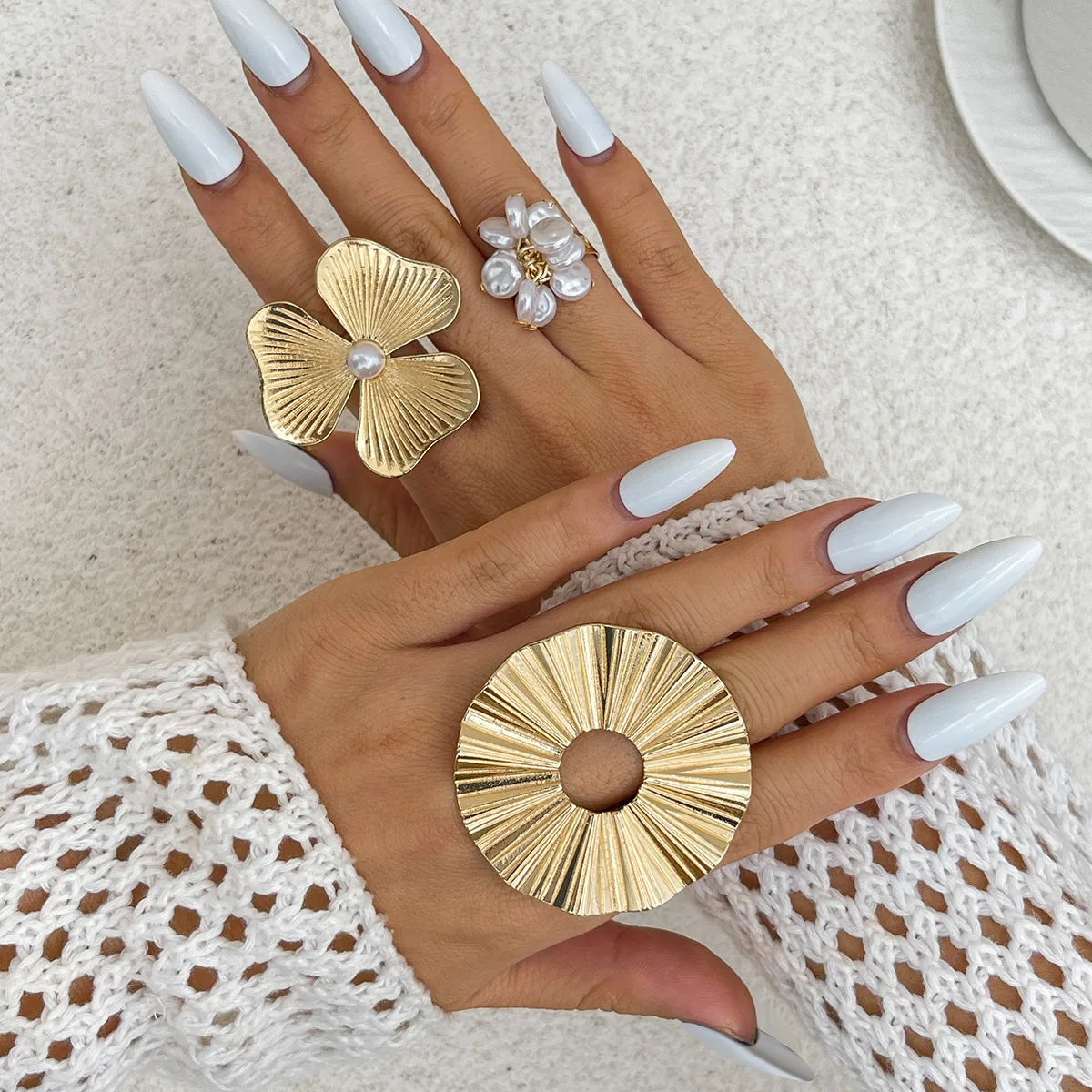 DIEZI Summer Beach Vacation Style Geometric Knuckle Rings For Women Vintage Leaves Gold Silver Color Imitation Pearl Joint Ring
