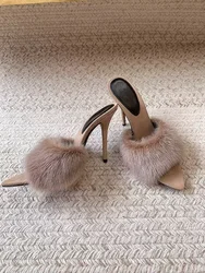 Genuine leather fur, mink fur, high set thin heels, exposed toe sandals women's sexy one and a half drag fur, high heels sandals