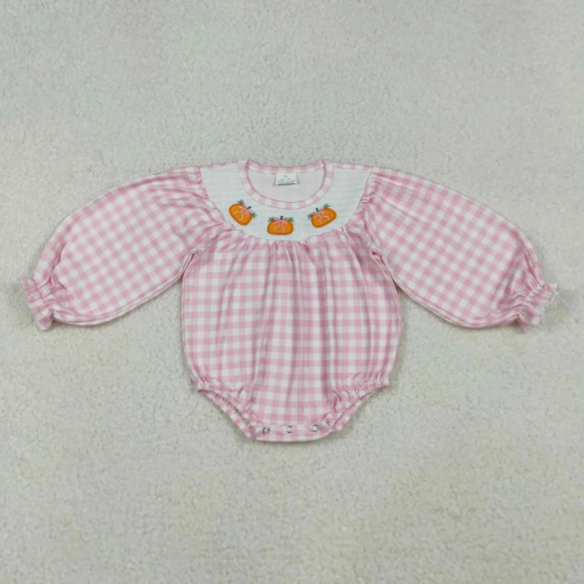 

Children kids LR2181 Pumpkin Embroidery Pink Plaid Print Baby Girls Fall Smocked Bubble Romper