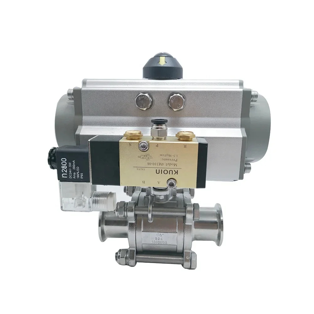 Sanitary Hygienic Stainless Steel SS316L PTFE Seat Pneumatic Full Port 3-piece Ball Valve with Pneumatic Actuator+Solenoid Valve