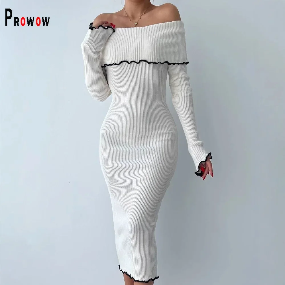 Prowow Neues Design, schulterfreie Damen-Strickkleider, schmale Passform, figurbetonte Outfits für Geburtstagsfeier, einfarbige Herbstkleidung