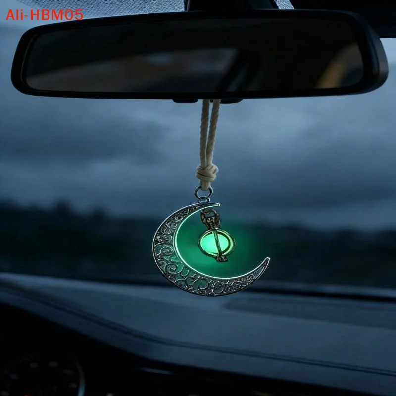 (HB05)Moon Pendant Car Hanging Ornament – Hollow Crescent Design, Inlaid With Luminous Stone, Elegant Rearview Mirror Decor