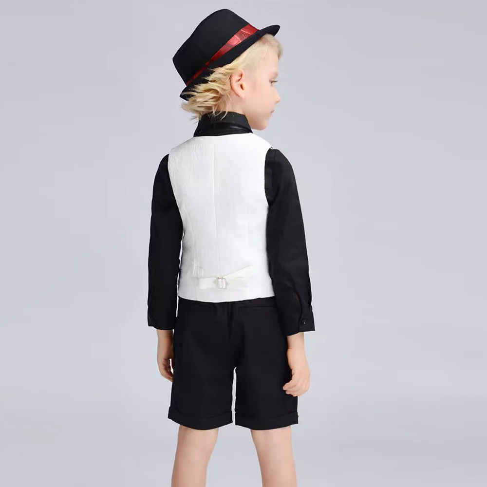 Boys Vest Dress Suit Black White Wedding Birthday Party Performance Photography Costume Kids Waistcoat Shorts Bowtie Outfit