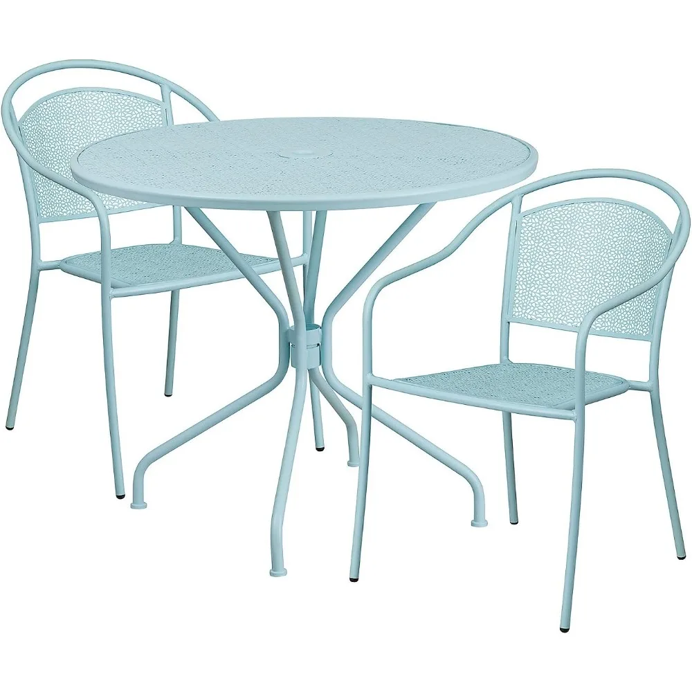 

Commercial Grade 35.25" Round Sky Blue Indoor-Outdoor Steel Patio Table Set with 2 Round Back Chairs