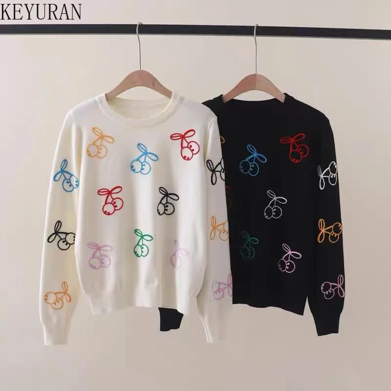 Sweet Colorful Cherry Embroidery Pullover Sweater Women Round Neck Long Sleeve Versatile Slim Base Sweaters Jumpers Sueter Mujer