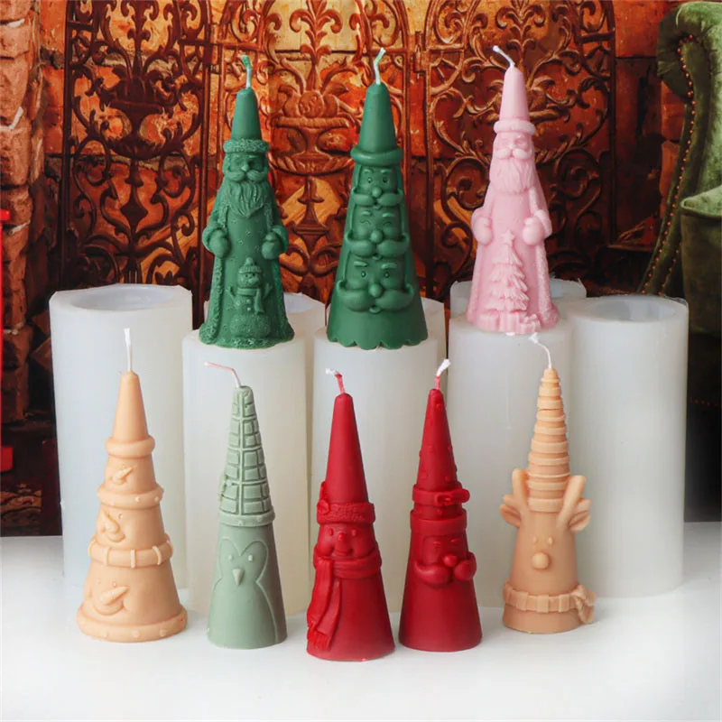 3D Santa Claus Relief Cylindrical Candle Silicone Mold Snowman Reindeer Christmas Tree Silicone Candle Molds Christmas Gift