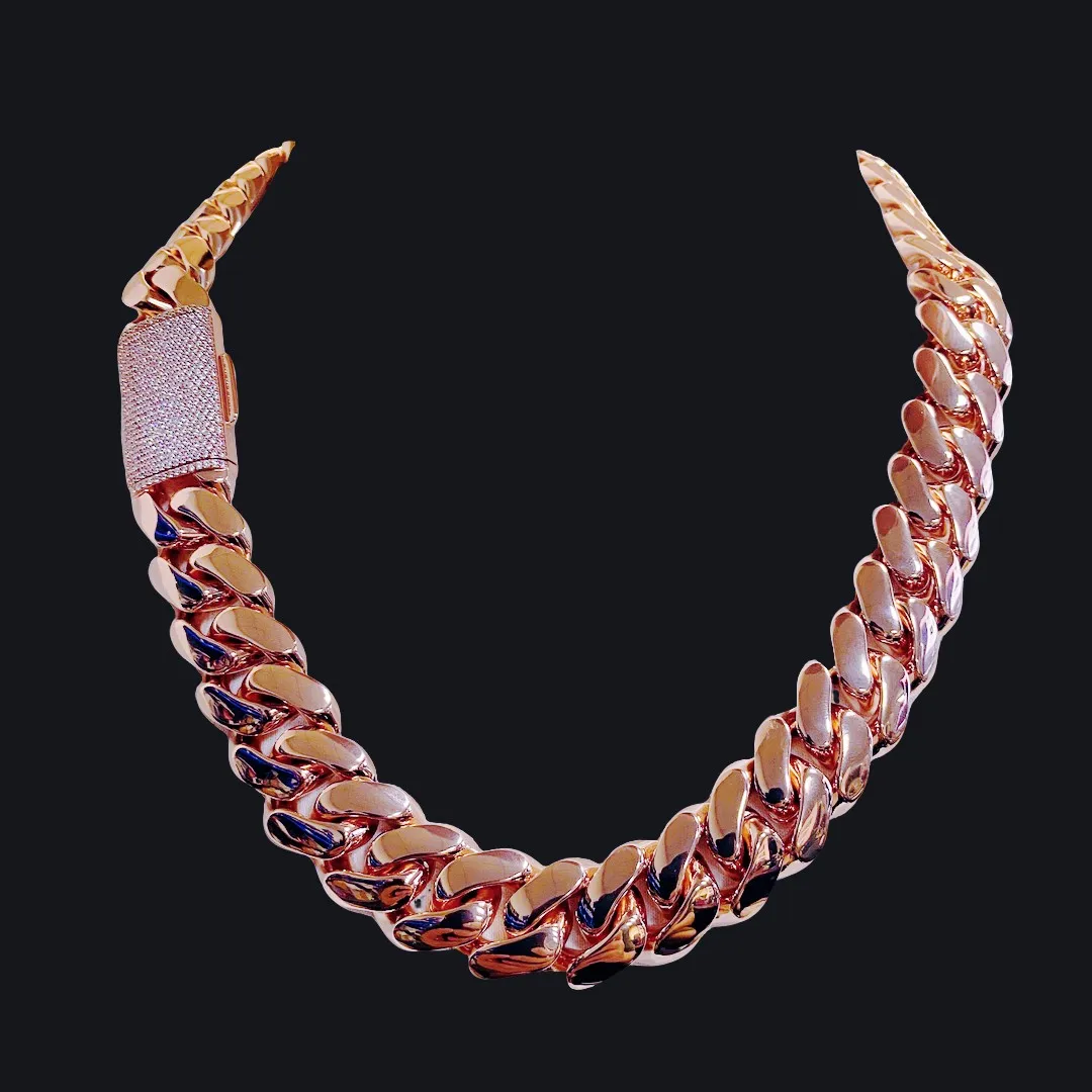 

18K Gold Plated 22mm Rose Gold Moroccan Miami Cuban Chain Necklace, Solid Stainless Steel, Unisex, Hip Hop Jewelry