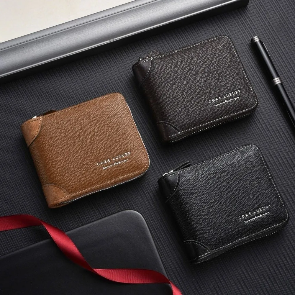 Dompet Pria Retro PU dengan Ritsleting, Warna Solid, Tempat Kartu Bisnis, Dompet Pendek dengan Banyak Slot Kartu, Dompet Koin Kulit, Hadiah