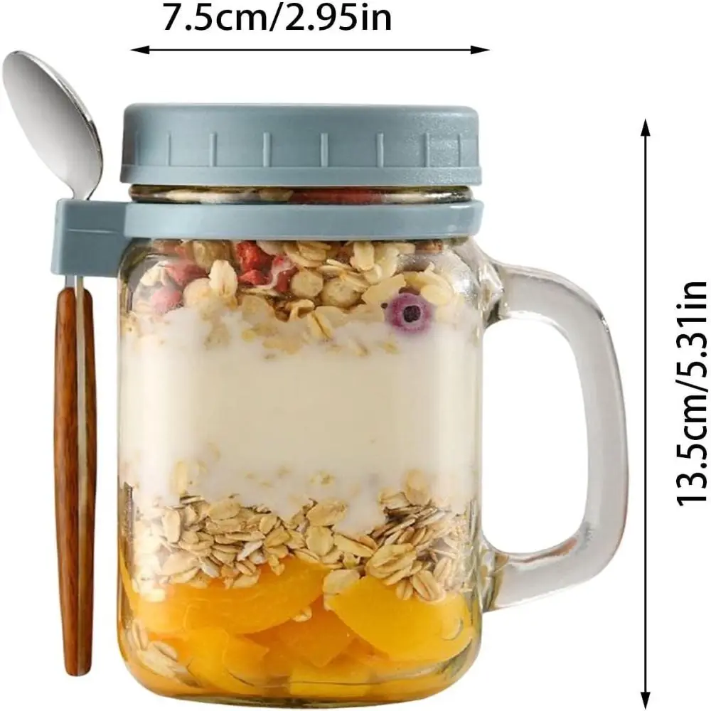 Overnight Oats Jars with Lids Yogurt Pot 450ml Wide Mouth Glass Breakfast Jar with Spoons & Handle Leakproof Container