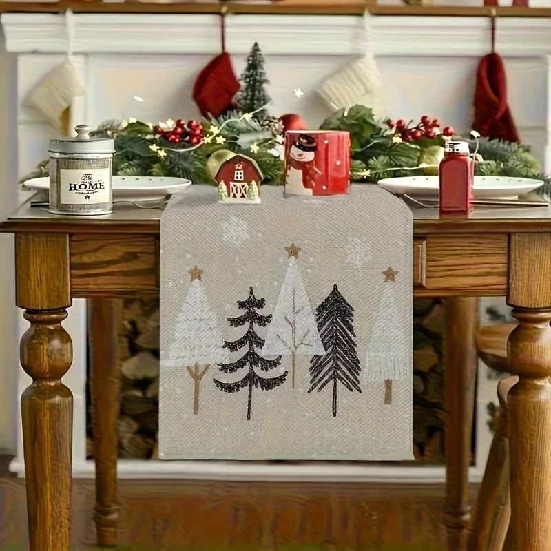 

Table Runner - Beige and brown winter scene with pine trees, snowflakes and stars Festive Christmas Festive Table