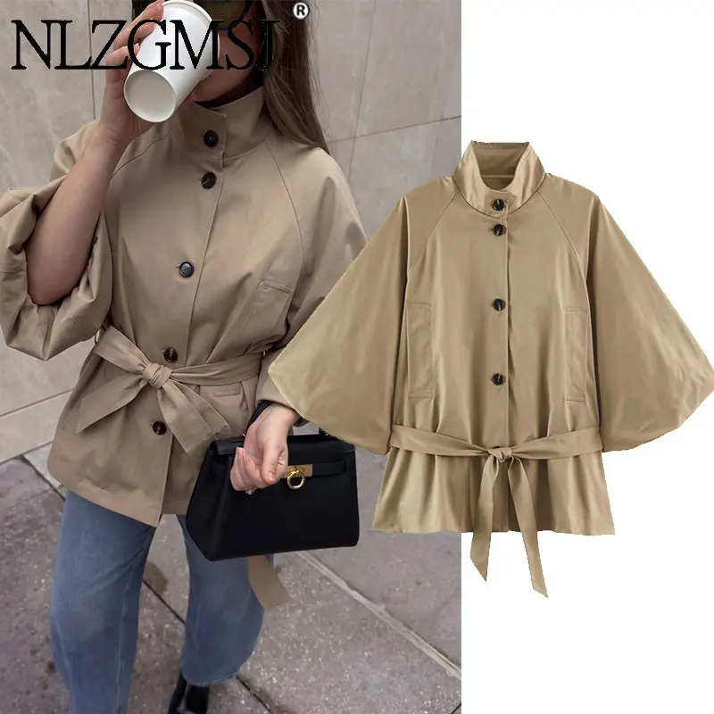 Nlzgmsj 2026 Autumn Women Stand Collar Single Breasted Trench Coat Loose Batwing Sleeve With Waist Belt Elegant Windbreaker