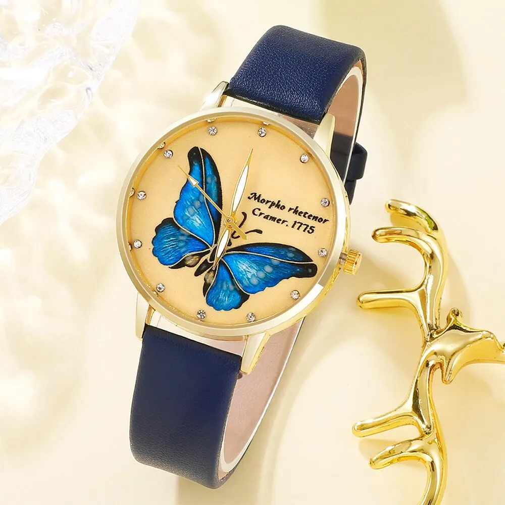 5pcs Set Womens Fashion Quartz Watch Female Clock Butterfly Dial Luxury Brand Design Women Watches Simple Ladies Wrist Watch