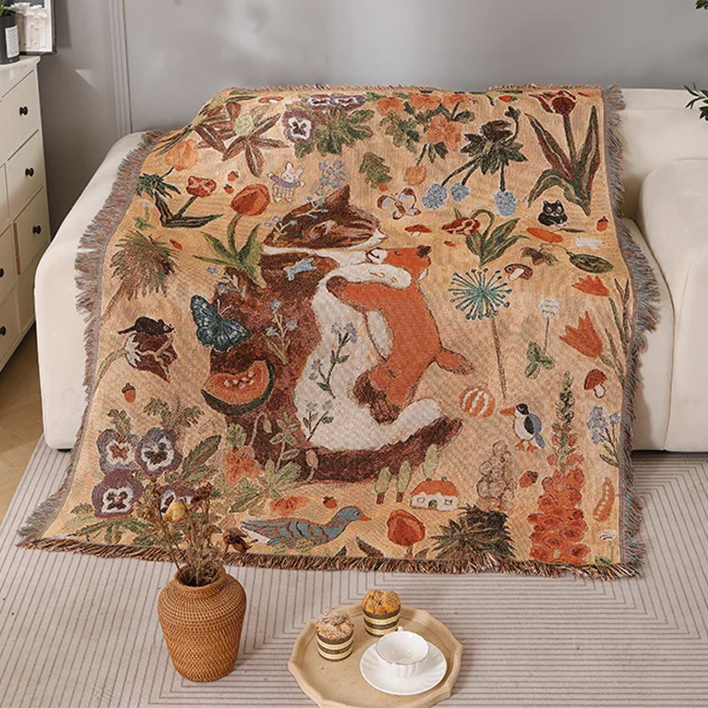 

Vintage Cat Hug Bear Woven Throw Blanket with Tassels Floral Animal Tapestry Blanket Cozy Sofa Throw for Couch Bed Home Decor