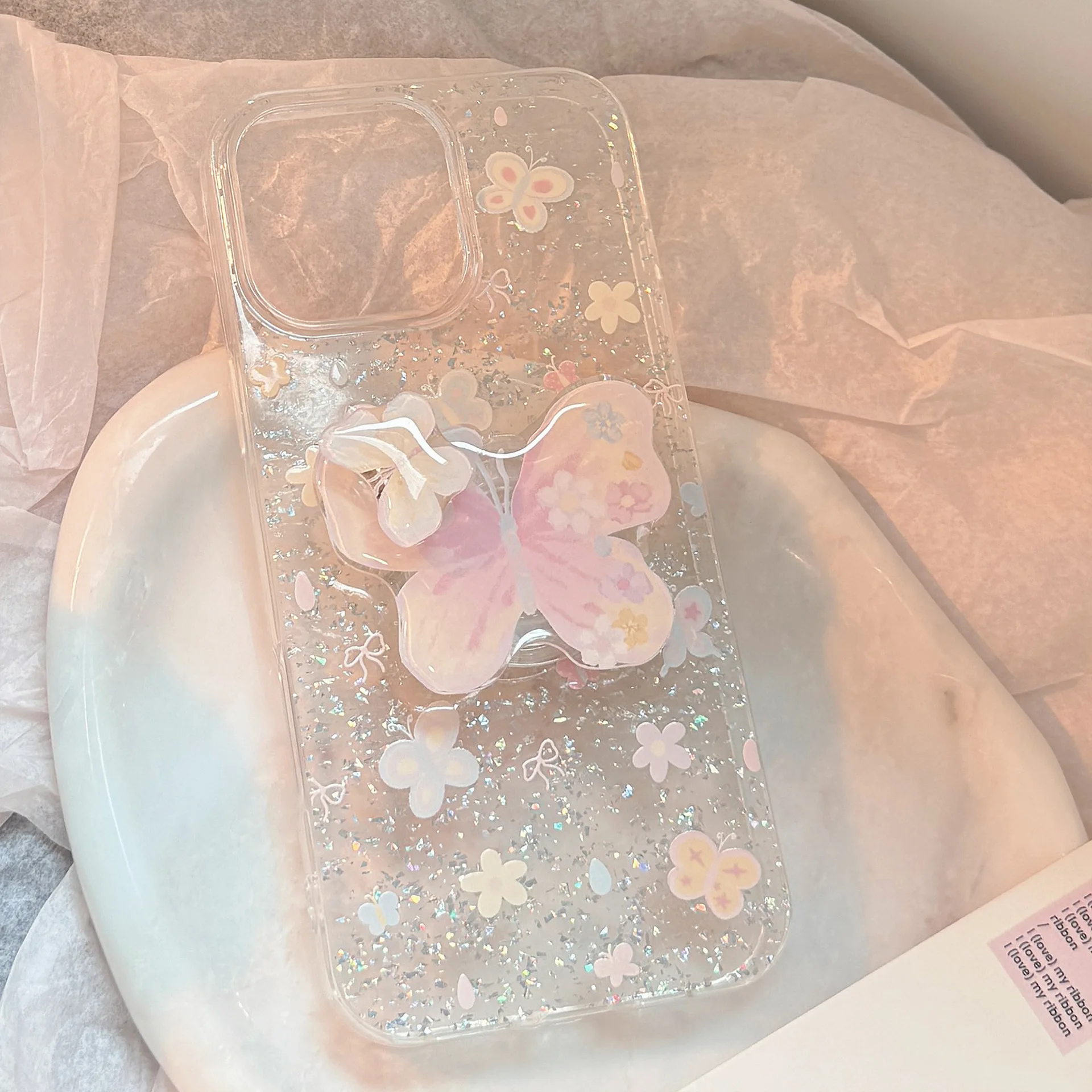 Koreanische Glitter Schmetterling Drehen Halterung Telefon Fall Für iPhone 17 16 15 14 13 12 11 Pro Max XR XS X Klar stoßfest Hard Cover