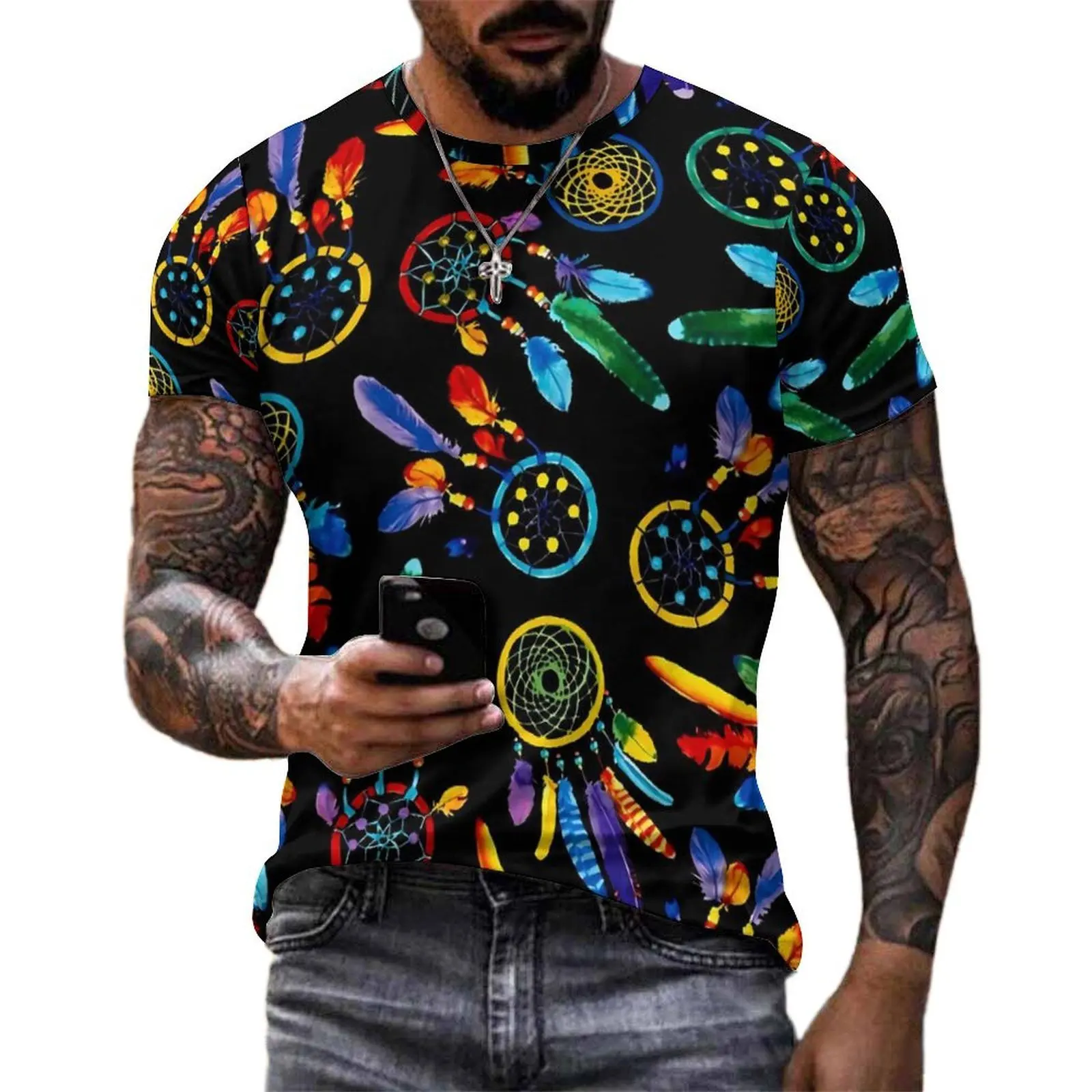 Native Dream Catcher T-Shirt For Couple Vintage Design O Neck T Shirts Beach Harajuku Clothing Short Sleeve Basic Plus Size Tees
