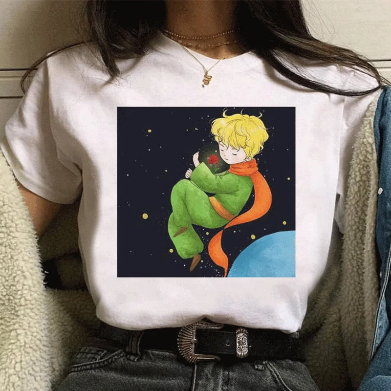 New Earth Space Little Prince Patterned Short Sleeves Fashion Harajuku Kawaii Shirts Cartoon Women Blusas Clothing Streetwear