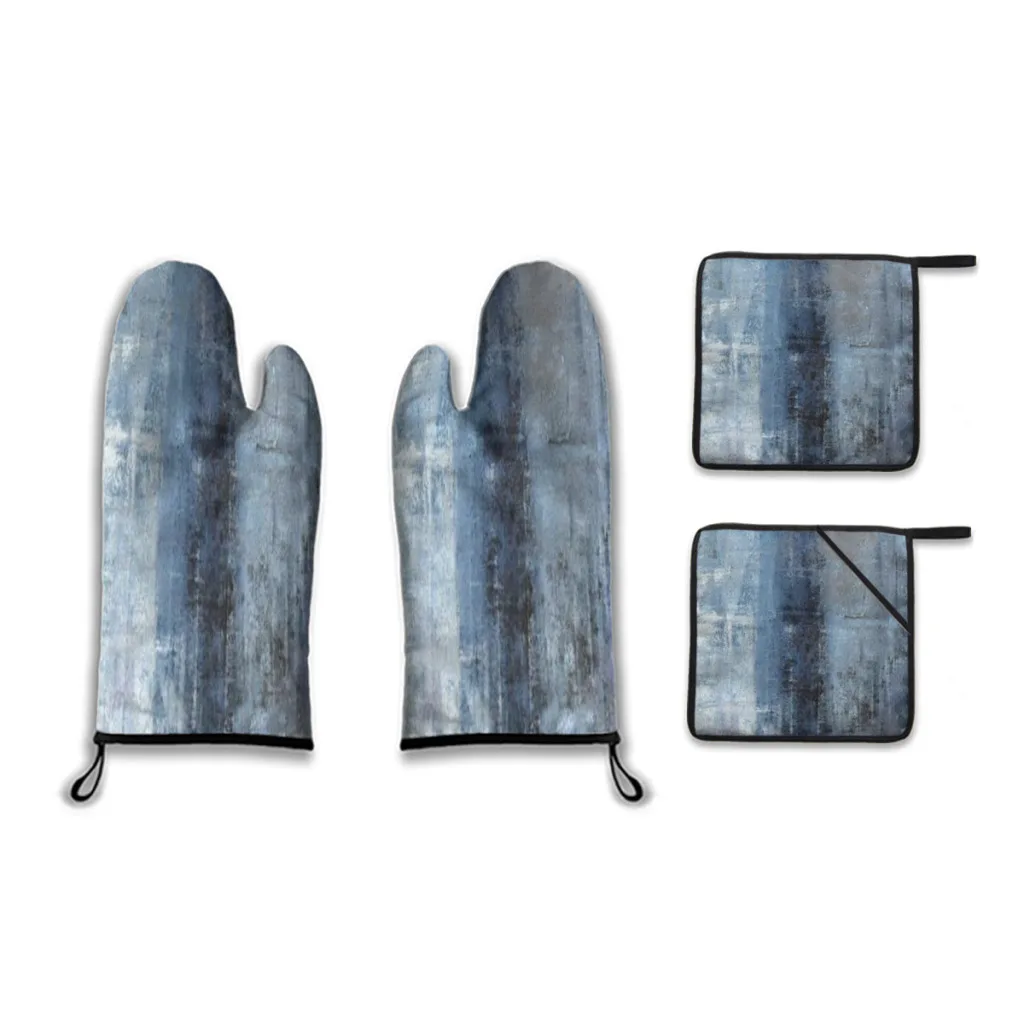 

Blue and Grey Abstract Art Insulation Four-Piece Set Gloves and Pad Anti Slip Anti Scald Oven Gloves Kitchen Baking Tools