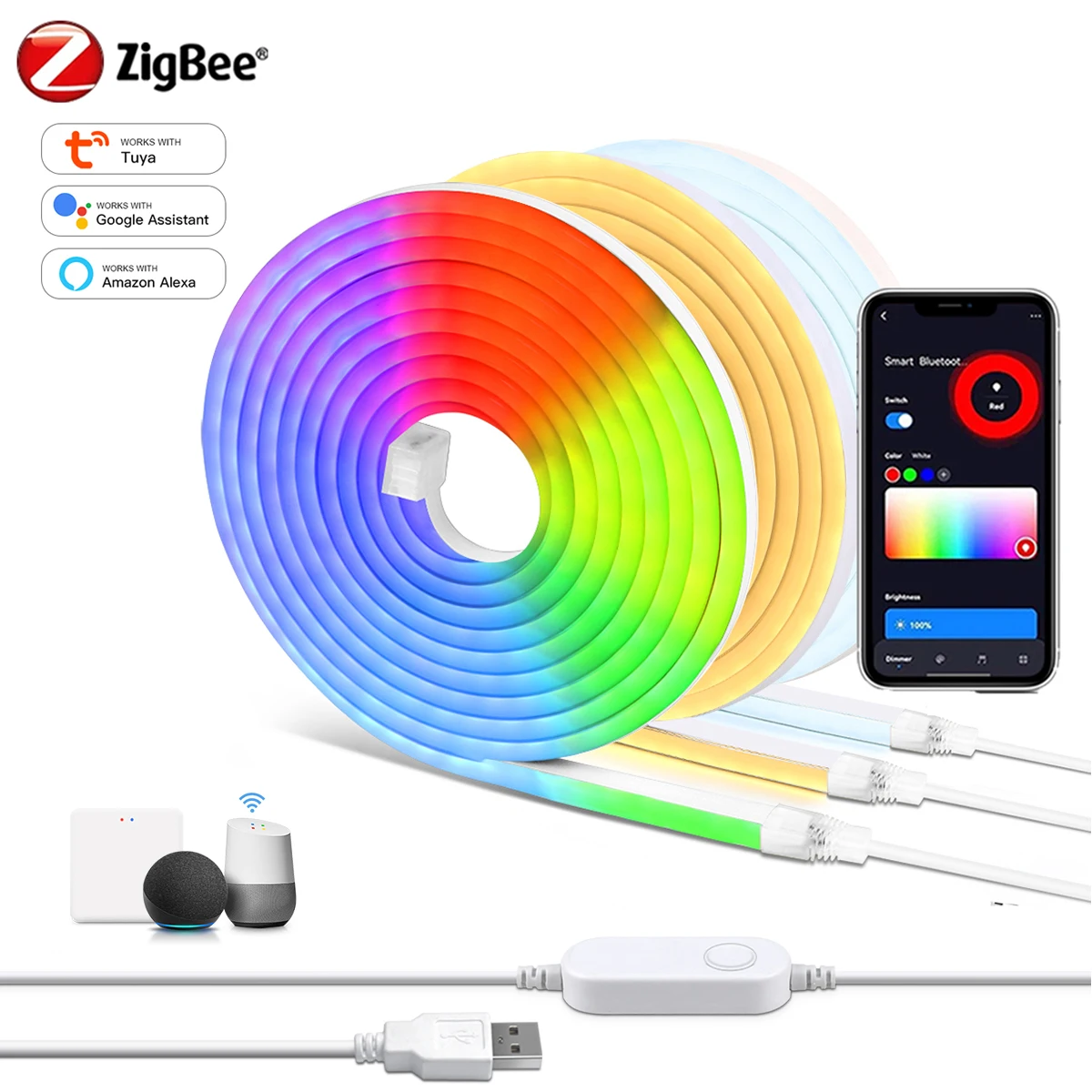 Taśma LED Tuya Zigbee Neon RGB z możliwością przyciemniania 5V USB Ciepła/biała taśma LED z inteligentnym kontrolerem Wi-Fi Ściemniacz LED Lampa