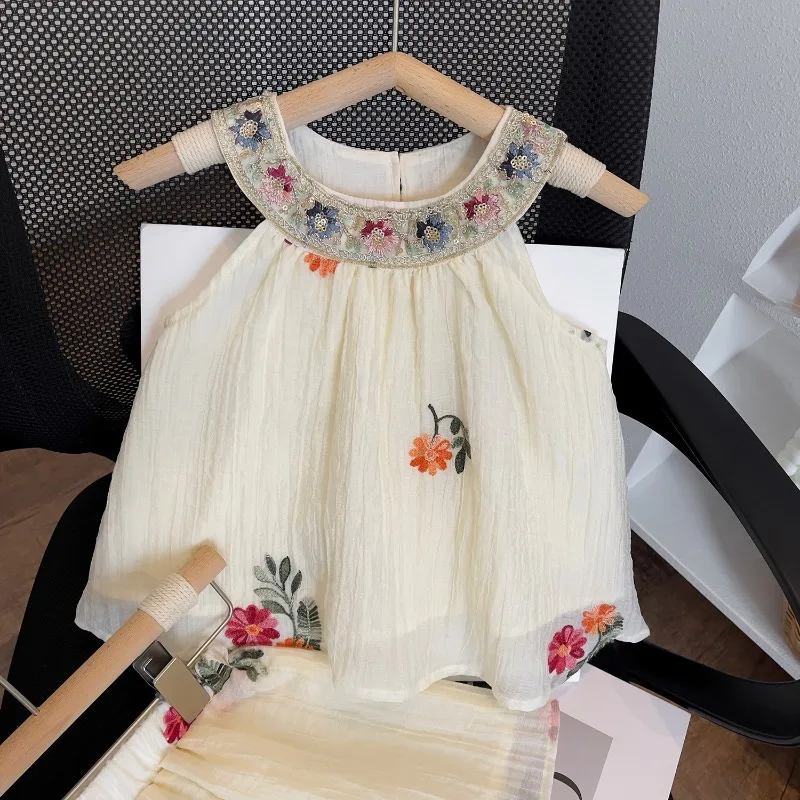 Girls Clothing Sets Summer Fashion Sleeveless Embroidered Shirt+Shorts Children Tops Pants Girls Outfits Set Kids Costumes 2-7Y