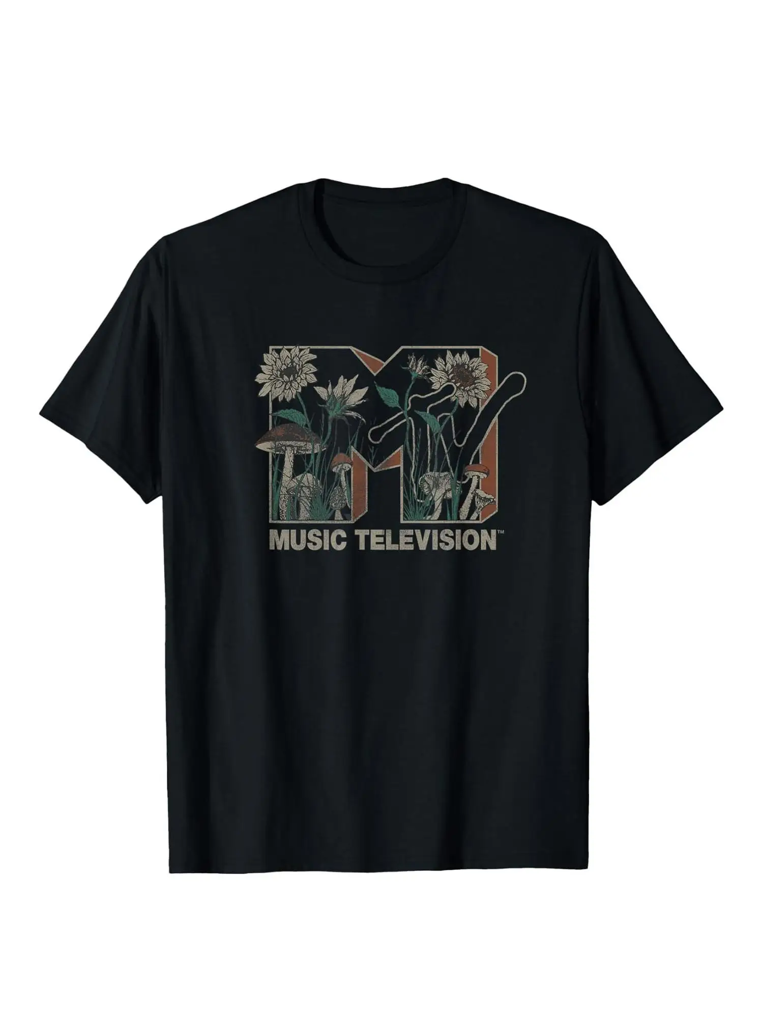 

Wild Flowers Mushrooms Graphic Tee 100% Cotton Soft Breathable Casual T-Shirt with Retro Music Television Logo Design