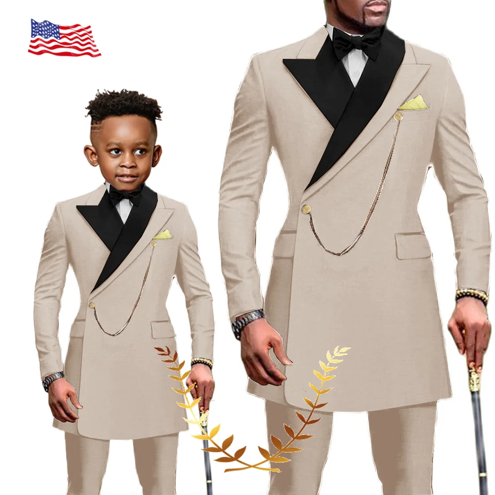 African Style Men\'s Suit 2 Piece Patch Collar Blazer Wedding Tuxedo Formal Father Child Party Clothes Customized Color