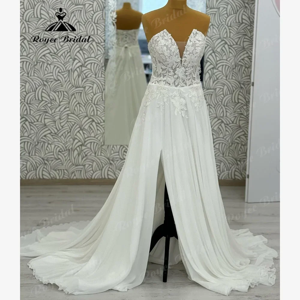 Modest Plunging V Neck Split Side Off Shoulder Chiffon Lace Appliques Boho Wedding Dress for Women 2025 Bridal Gown vestitos