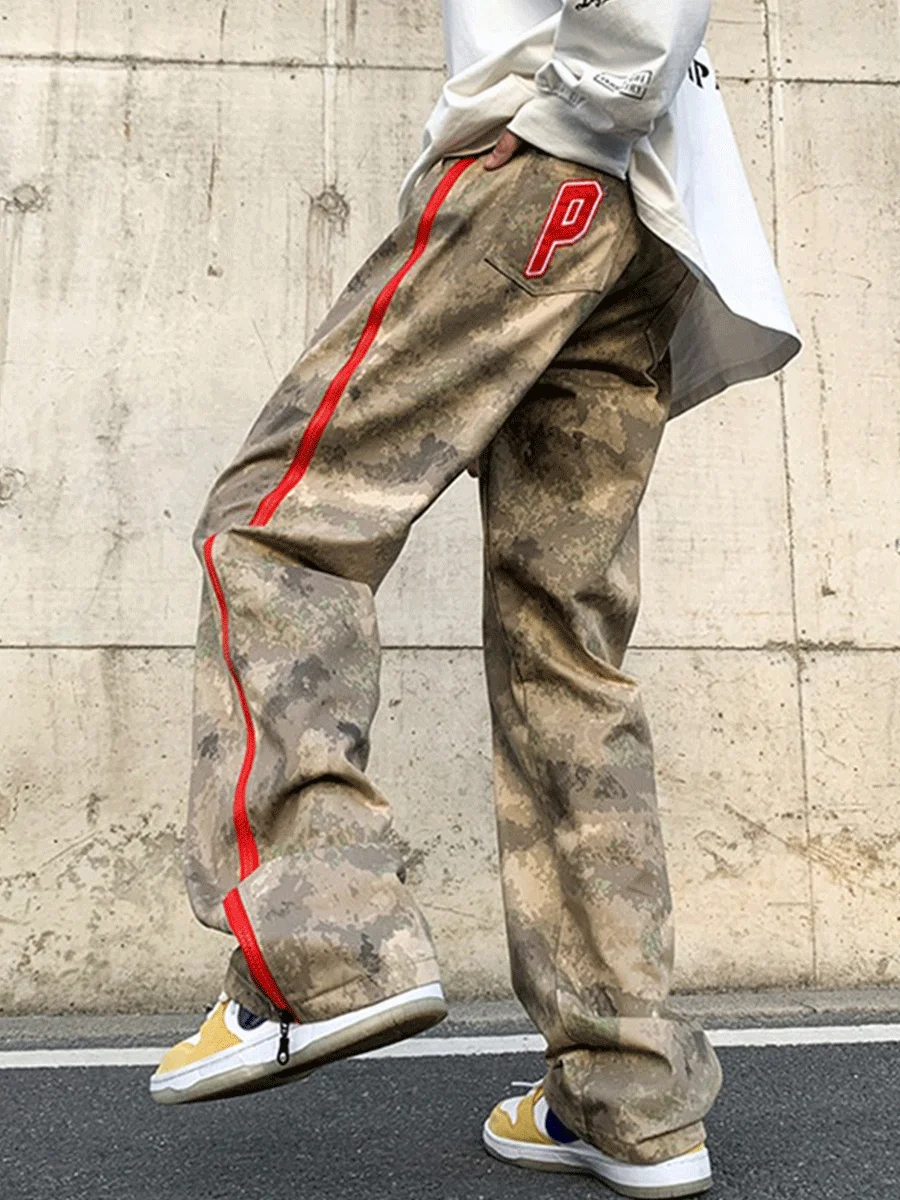 

Men's Workwear Pants Straight Leg Camouflage Casual Trousers Side Zipper Cool Haome Loose Long Pants Street Sle Spring