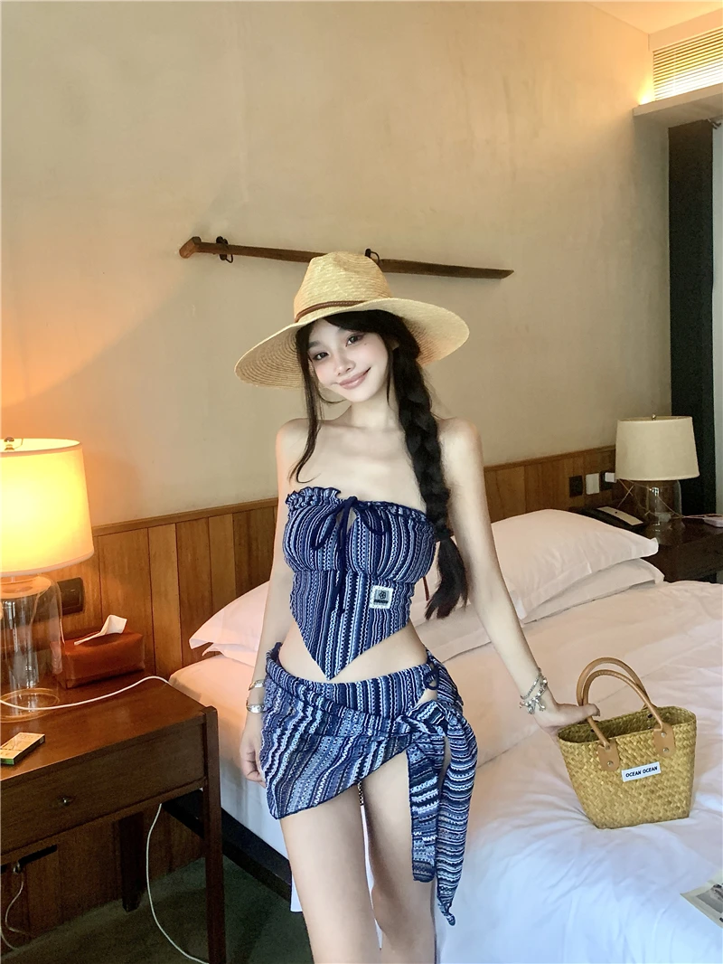 

Сексуальный раздельный купальник-бикини для женщин, комплект из двух частей, для пляжного отдыха и термальных источников, для девочек-подростков, глубокий синий цвет