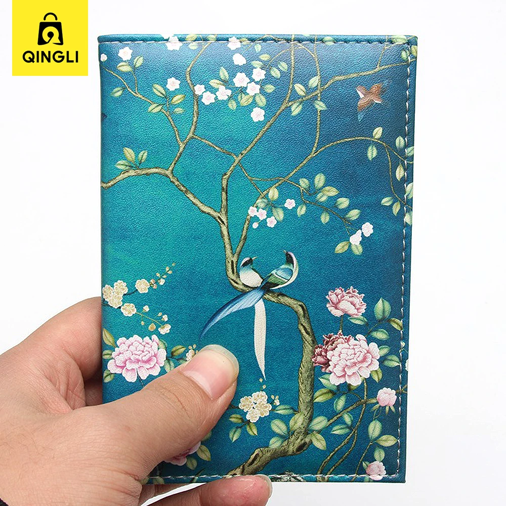 Exquisite Flowers Trees Birds Pattern Passport Holder Case Chinoiserie PU Leather Protect Passport Cover for Travel Necessities