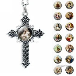 Son of God Jesus Cross Necklace Glass Cabochon Jewelry Angel Christian Virgin Mary Paw Prints Pendant Women Gifts