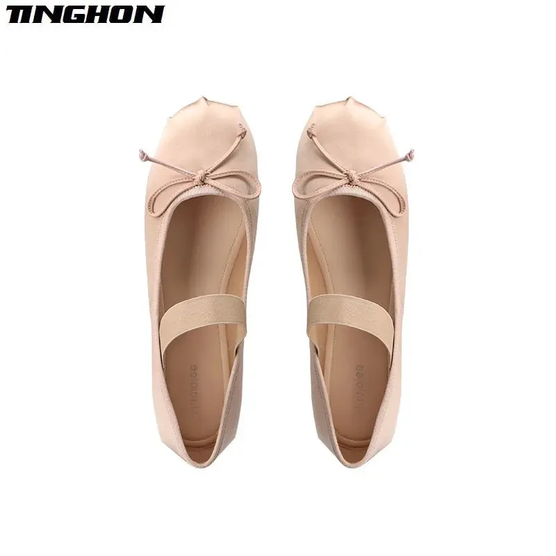 2024 French Retro Classic Silk Ballet Shoes One word Ballet Shoes Women Round Toe Bowtie Women Flats Elegant Valentine Shoes