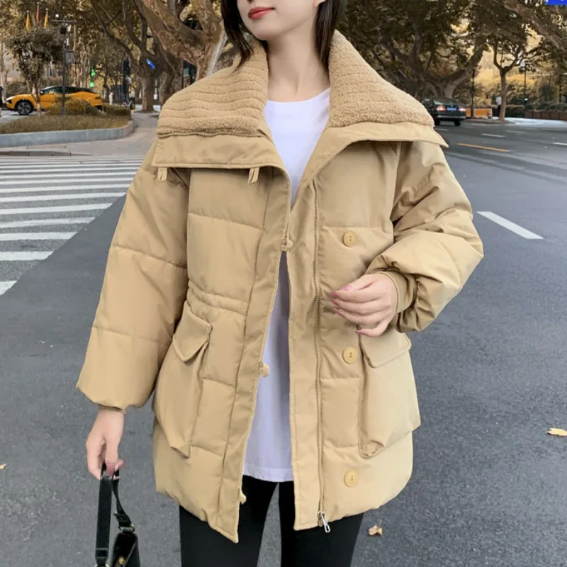 

Cotton Padded Down Jacket For Women New Vintage Knitted Parka Big Collar Loose Outwear Winter Coat