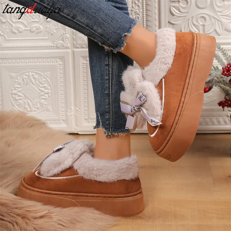 Women\'s Winter Snow Boots Platform Plus Velvet Warm Cotton Shoes Ladies sweet Bow Designer Non-Slip Short Boots Zapatos De Mujer