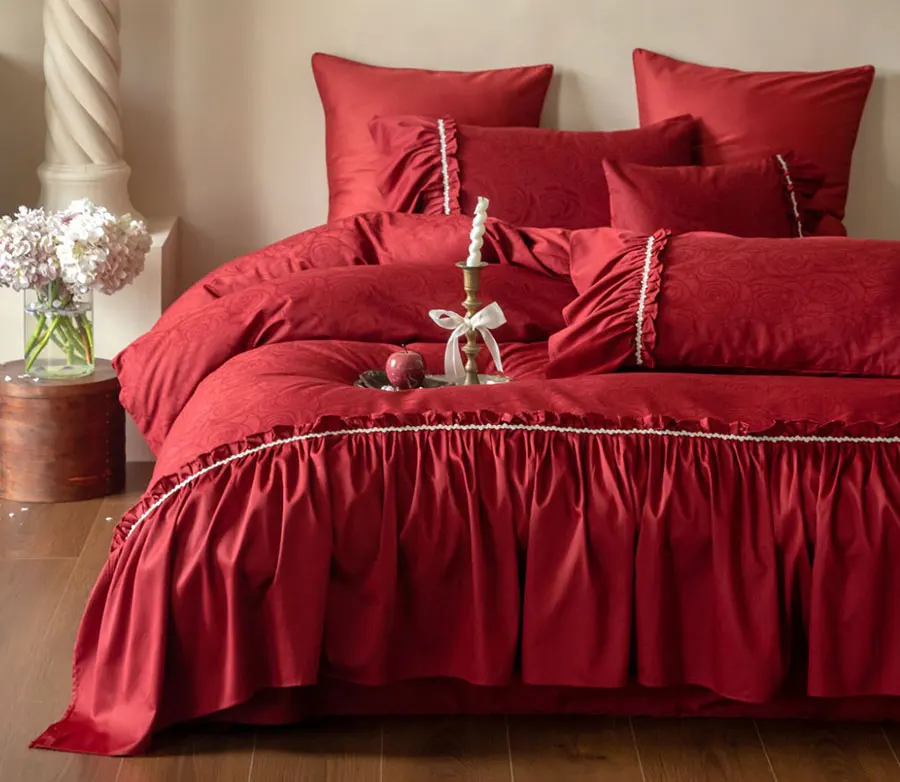 Classic sweet red rose bedding set,full queen king cotton romantic flower ruffle home textile bed sheet pillow case duvet cover