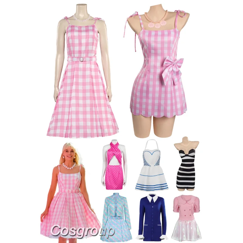 Margot Cosplay Kawaii Pink Plaid Dress Women Costume 2024 Movie Barbei Roleplay Fantasia Halloween Party Clothes For Disguise