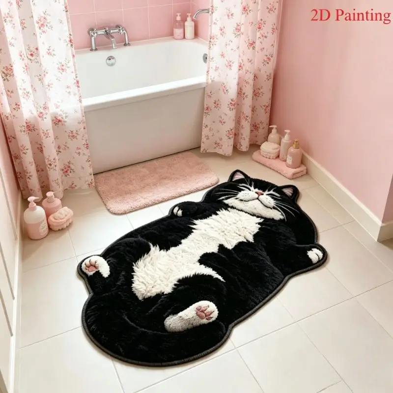 VIKAMA Lazy Black and White Cow Cat Alien Plush Long Carpet Entrance Bathroom Living Room Cute Cartoon Home Floor Mat
