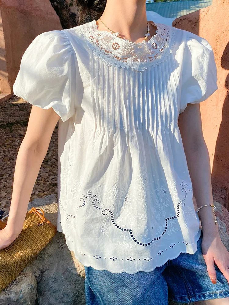 

White Lace Embroidery Blouse Women 2026 Summer Puff Sleeve Top French Vintage Elegant Hollow Out Shirt Beach Casual Blusa