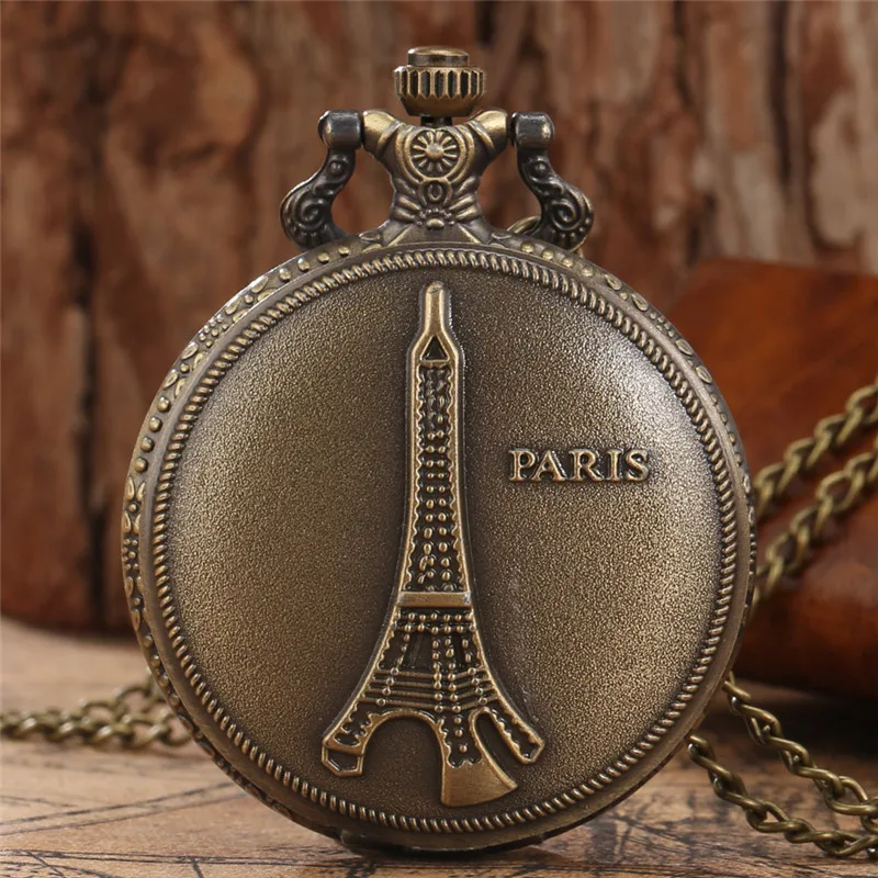 

Old Fashion Paris Tower Design Men Women Quartz Analog Pocket Watch Full Hunter Clock Sweater Necklace Chain Souvenir Reloj