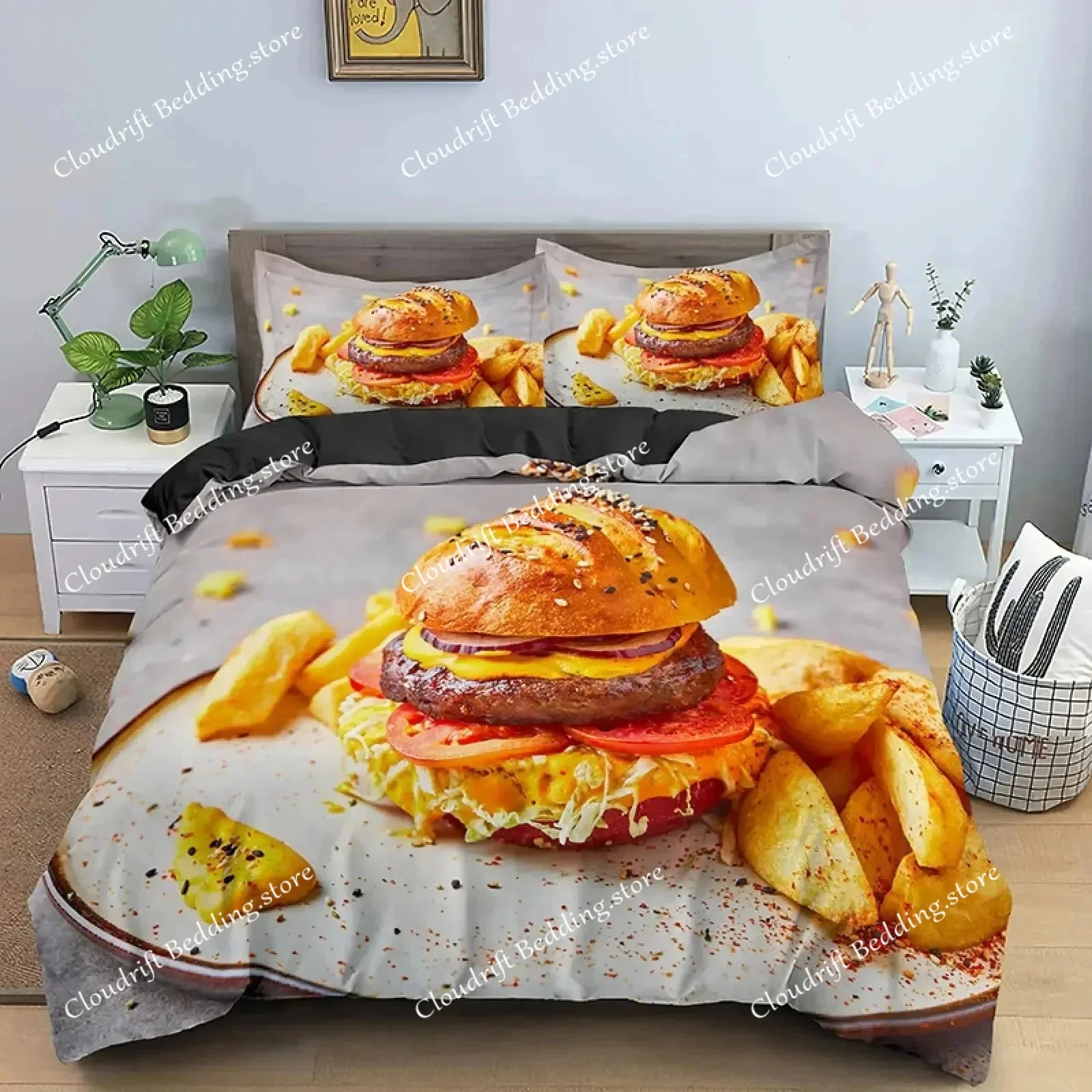 Funda de Edredón King Queen con Diseño de Comida Rápida, Tema de Hamburguesas y Queso, Juego de Ropa de Cama Infantil con Estilo de Dibujos Animados