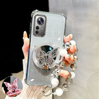 Silver Jewelry Strap Lanyard Glitter Butterfly Bracket Phone Holder Case For Xiaomi Mi 12 12s Pro 12x 13 14 14T 15 Pro Cover