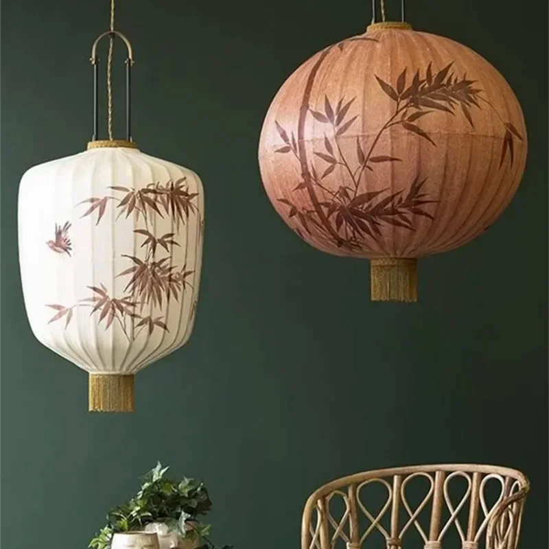 LED Traditional Lantern Painting Pendant Lamp Handmade Fabric Lampshade Chinese Lantern Hotel Home Decor Chandelier Lighting