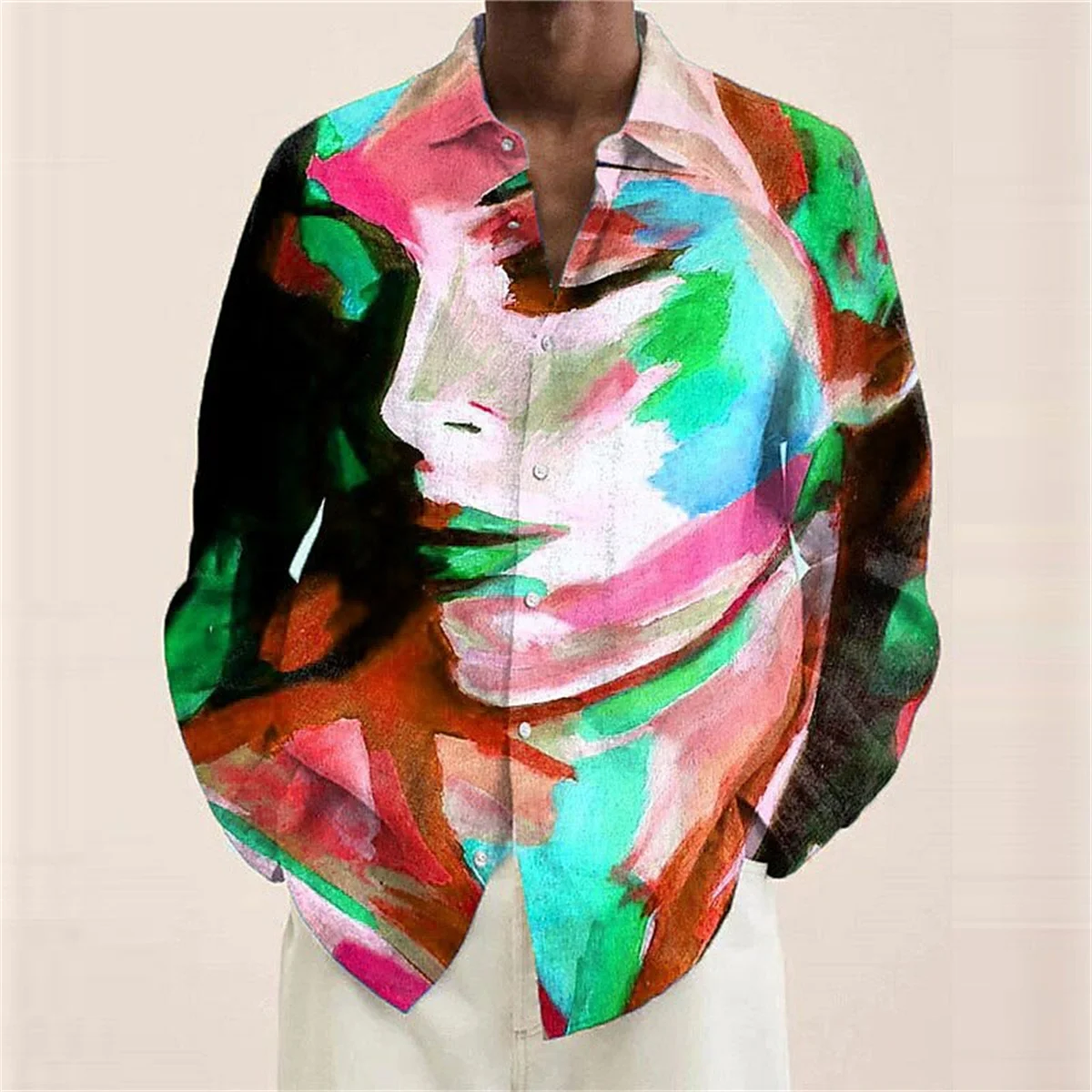 Ladies portrait pattern men\'s shirt abstract lapel 3D printing street long sleeved button clothing painting colored shirt S-6XL