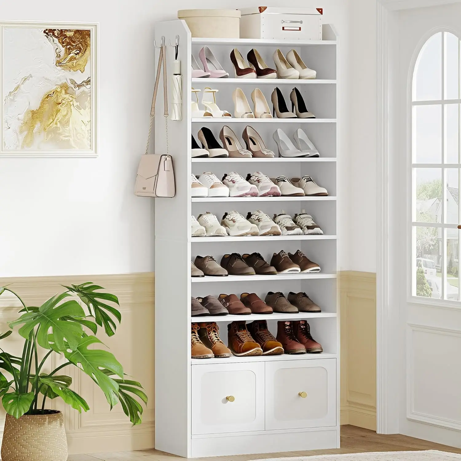 

Ящики, деревянный отдельно стоящий органайзер для обуви с 2 крючками, 30–35 пар, органайзер для обуви для прихожей, белый SR56303MI