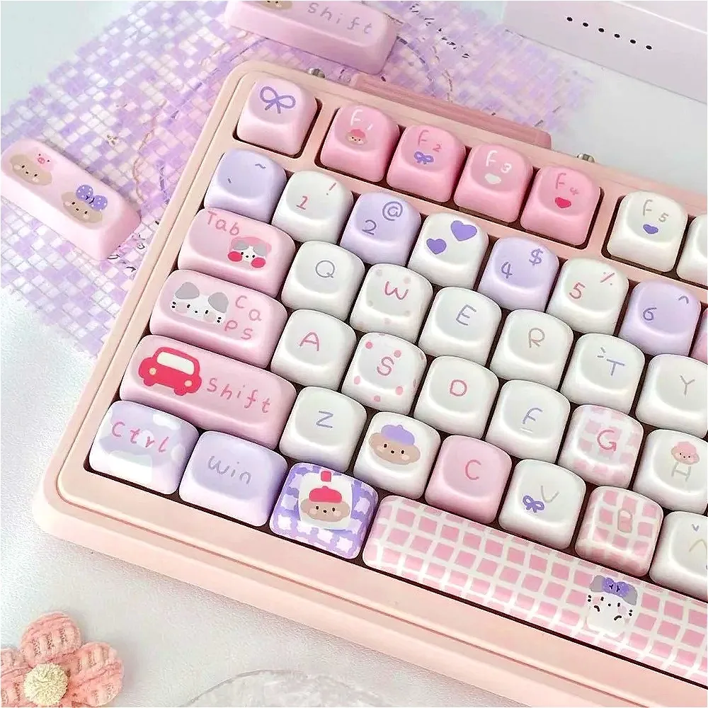 Cat and Dog Diary Theme, Keyboard Keycap Set PBT MOA 129 Keys, Pink, Keycaps for 21/61/87/104/108 Mechanical Keyboard