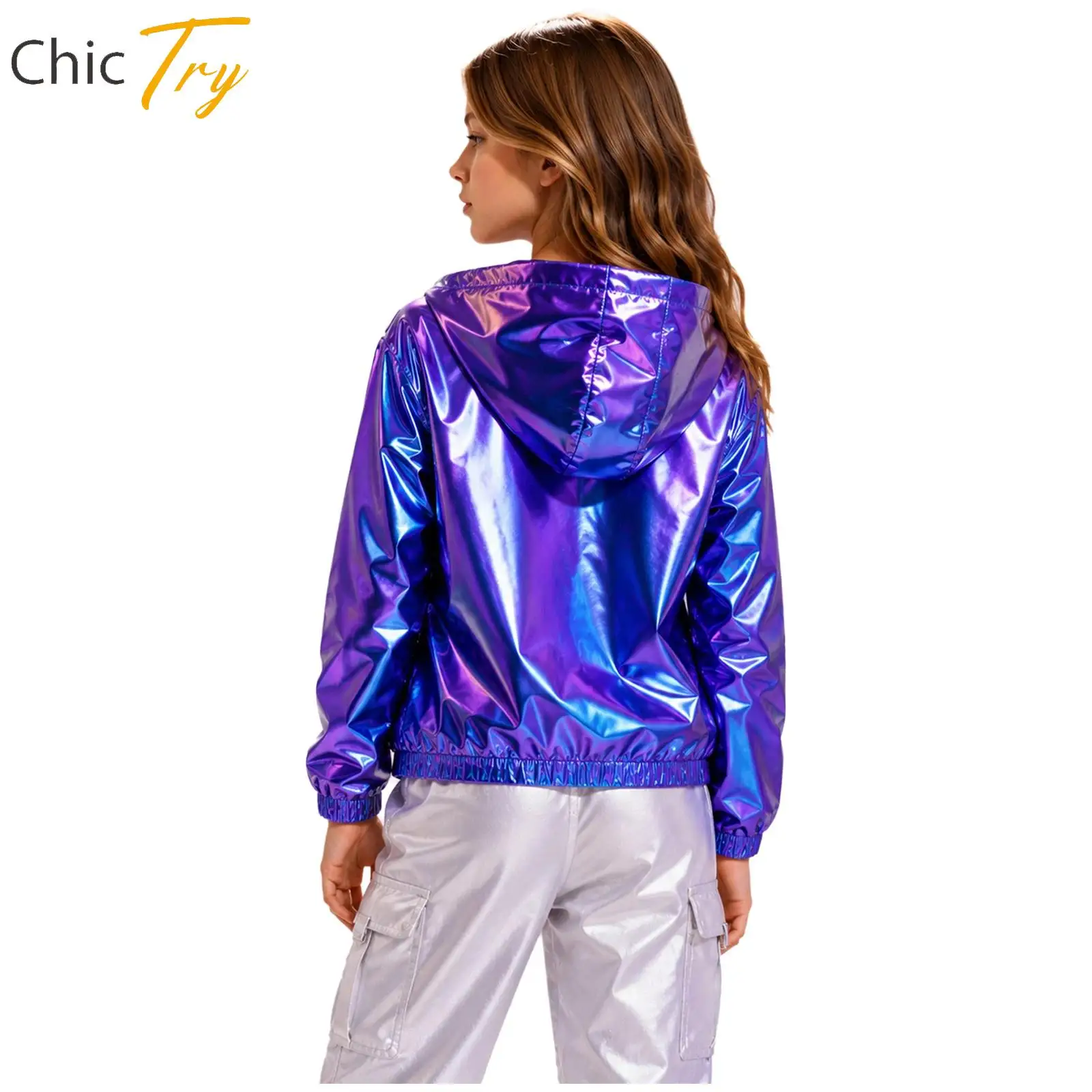Kids Metallic Girls Hip Hop Jazz Dance Top Hooded Jacket Outerwear Long Sleeve Shiny Zipper Children Stage Performance Dancewear